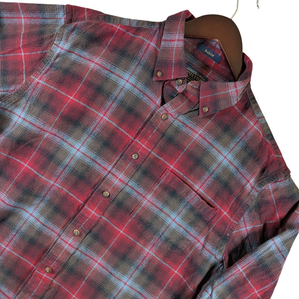 Pendleton Mason Flannel Shirt Plaid Button‎ Up Long Sleeve Casual Mens Size L